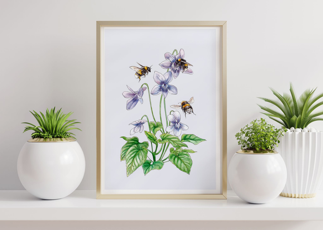 Dog Violets &amp; Bumblebees Print - After and original ink and watercolour illustration