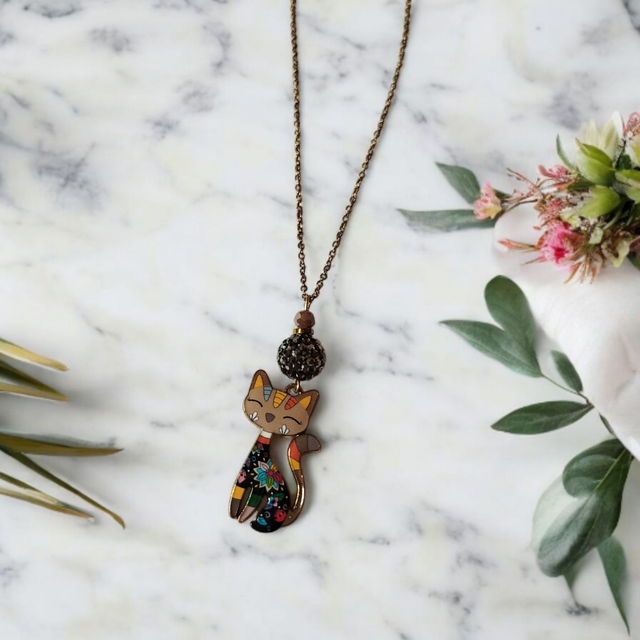 Collier acier inoxydable et cristal marron et noir chat