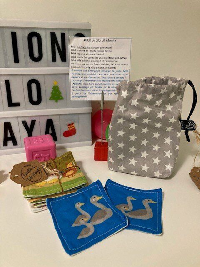 Memory Étoiles - Jeu en tissu 9 paires (pochon étoiles grises) 