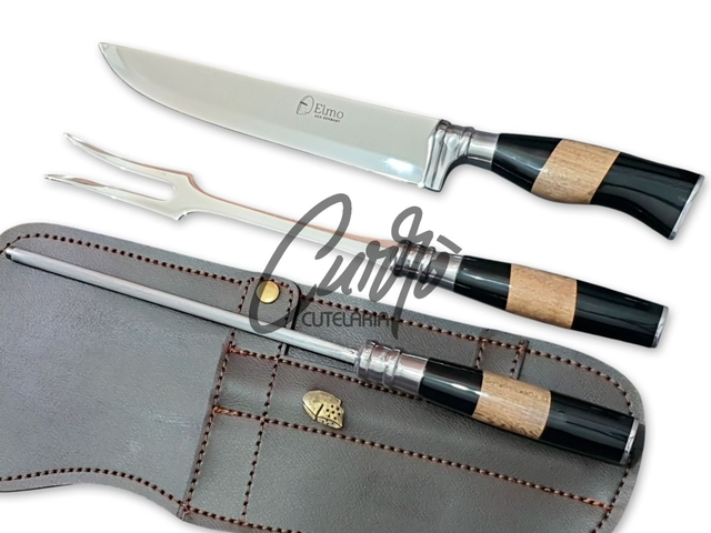 Conjunto Faca Chaira Garfo Elmo Cabo Resina Tipo Chifre Madeira 8"