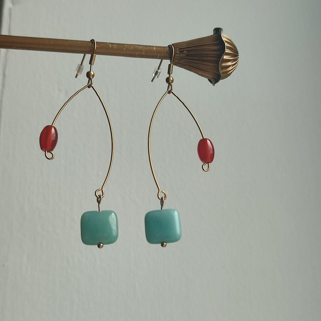 Boucles d&#039;oreilles amazonite et agate (pierres naturelles), acier inoxydable doré -sans nickel, pièce unique 
