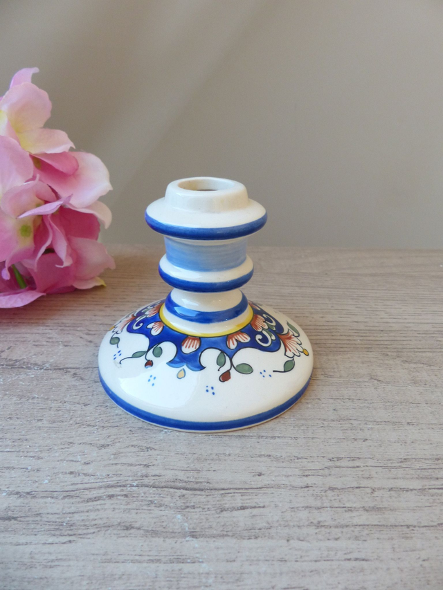 Bougeoir Ancien en Faïence de Rouen – Peint à la Main – Décor Floral – Porte-Bougie Mural avec Poignée – Style Romantique et Bohème