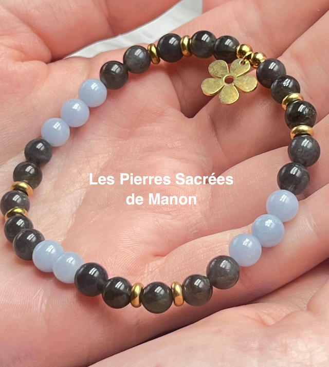 Bracelet Pierre de Lune Noire et Angélite - Perles de 6mm