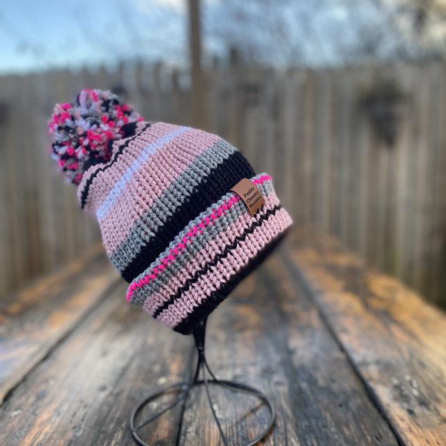 💕 Funky Chunky Bobble Hat – Dusky Rose &amp; Grey Mist - Handmade in Scotland