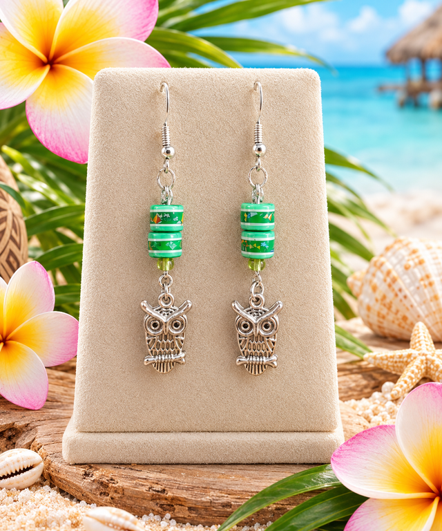 Boucles d’oreilles hiboux &amp; perles vertes