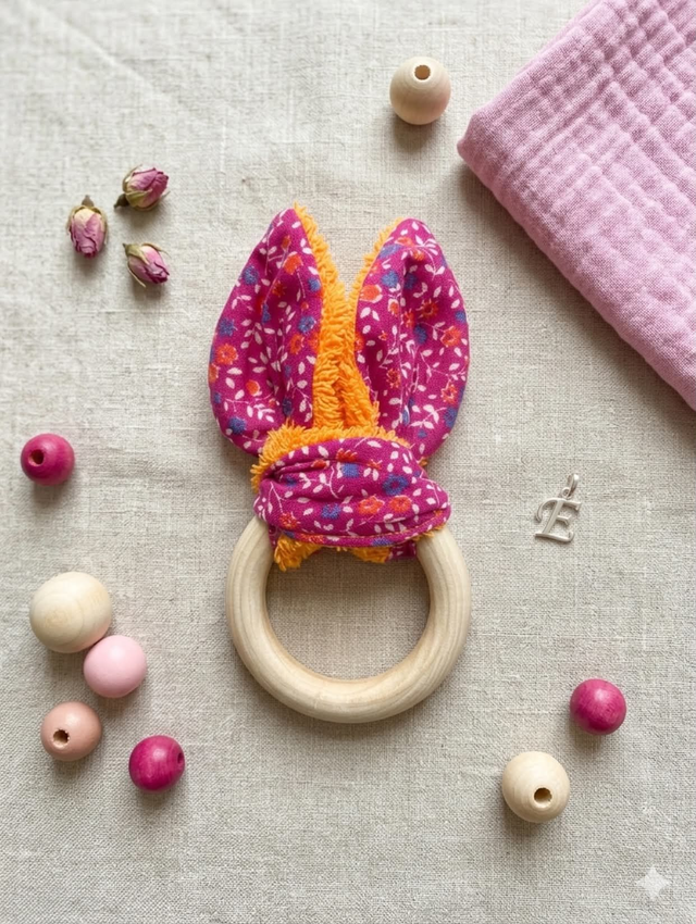 Hochet oreilles de lapin et bois ROSE FLEURS FOND ORANGE