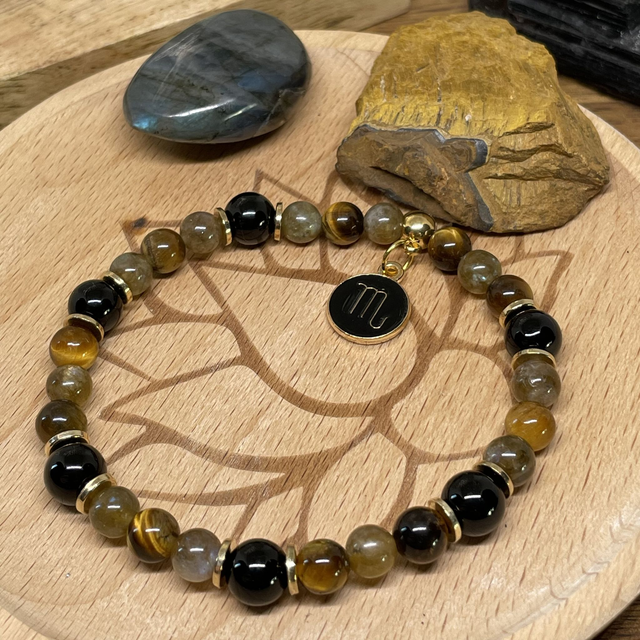 🌺♏️🐅Bracelet Signe Scorpion Labradorite, Oeil de tigre, Onyx