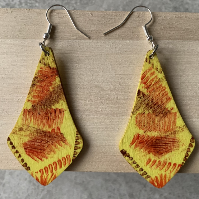 Wooden hand painted earrings. Lightweight with hypoallergenic hooks