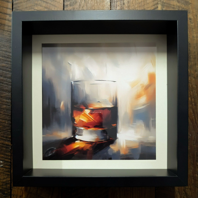 Amber Nectar, Malt Whisky Art Print, in deep box frame.
