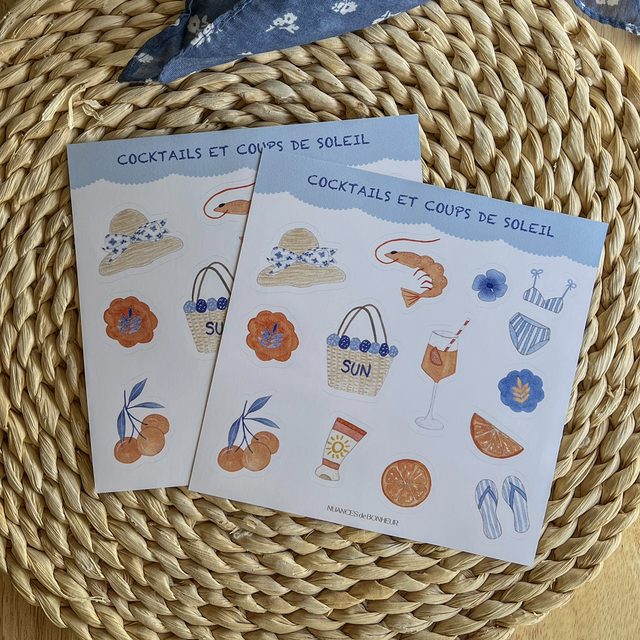 Planche de 13 stickers – Collection “Cocktails & coups de soleil” – Illustrations aquarelle