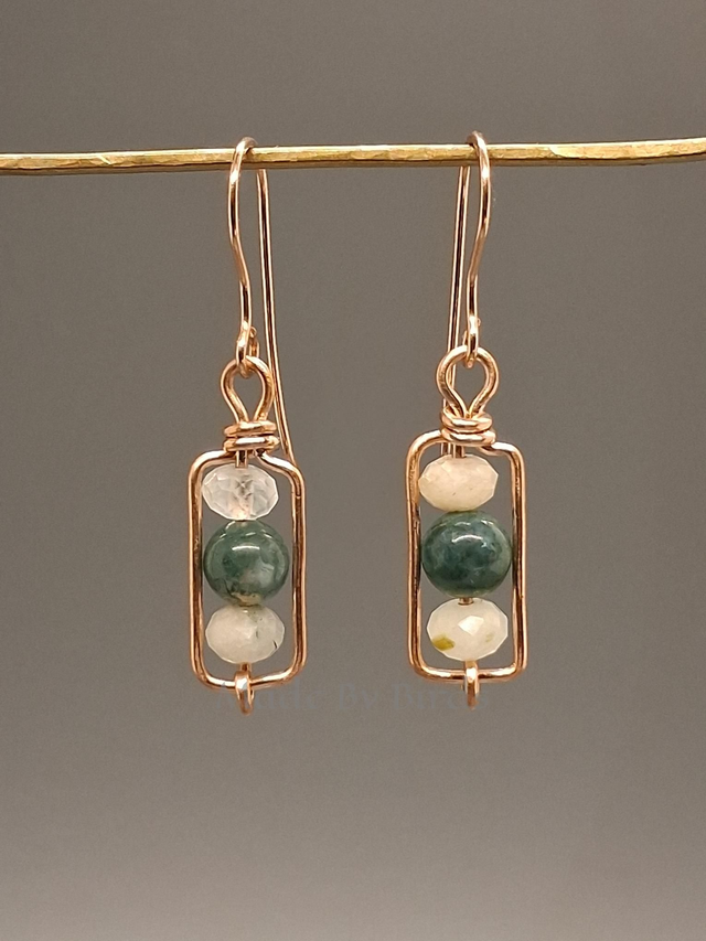 Green Moss Agate and Prehnite Bronze Dangle Drop Earrings 