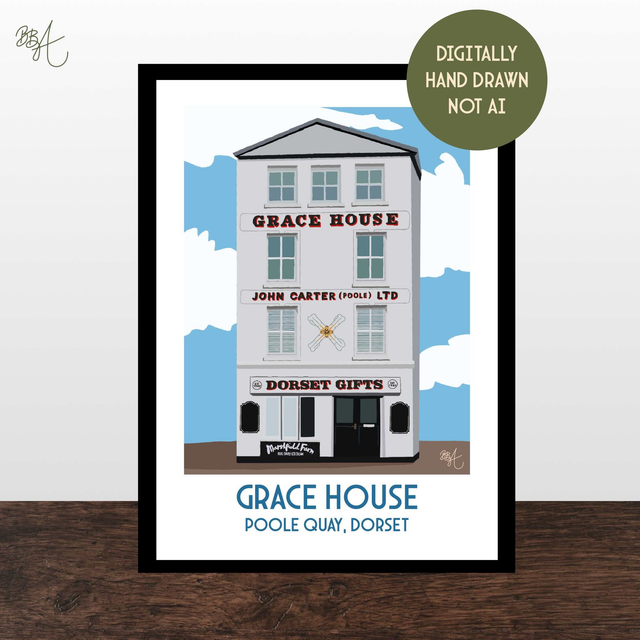 Grace House, Poole Quay, Travel Poster Print - Vintage Style Dorset Wall Art