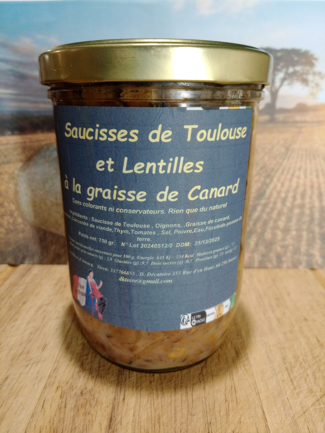  Saucisses de Toulouse   et Lentilles  à la graisse de Canard