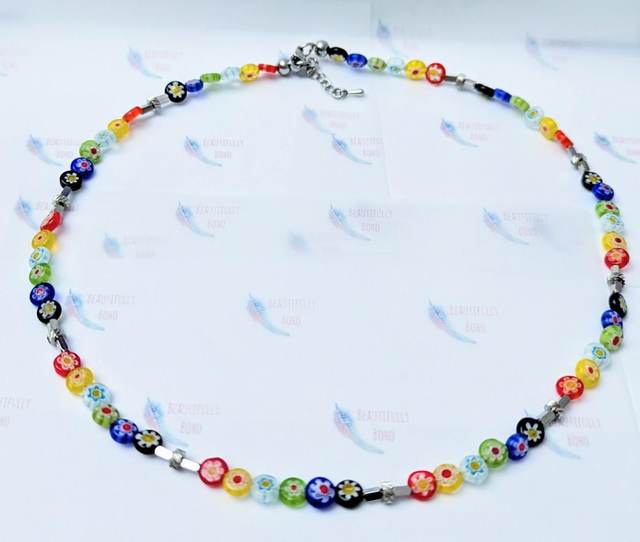 Beautiful Millefiori/Murano Glass &amp; Stainless Steel Beaded Necklace 