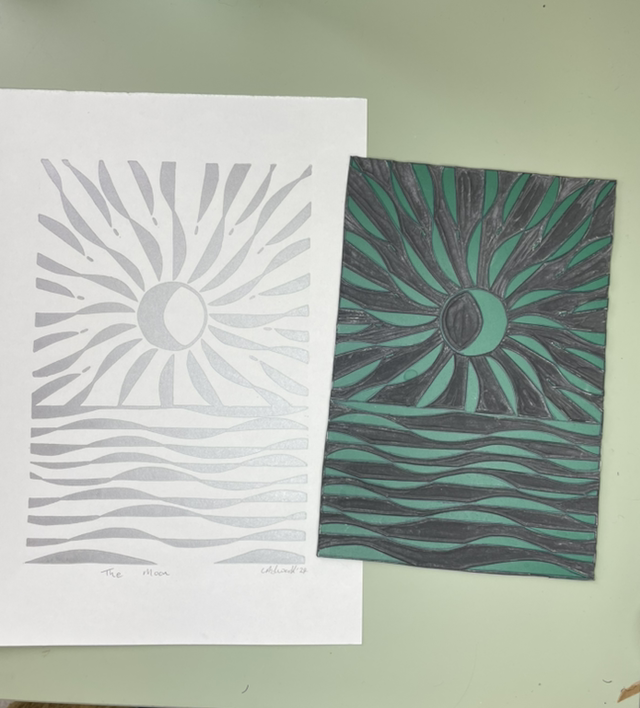 The Moon, Lino Print in Silver