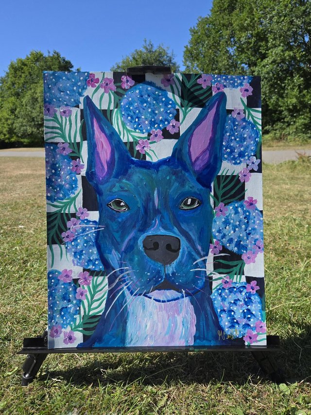 Blue dog with checks and hydrangeas 