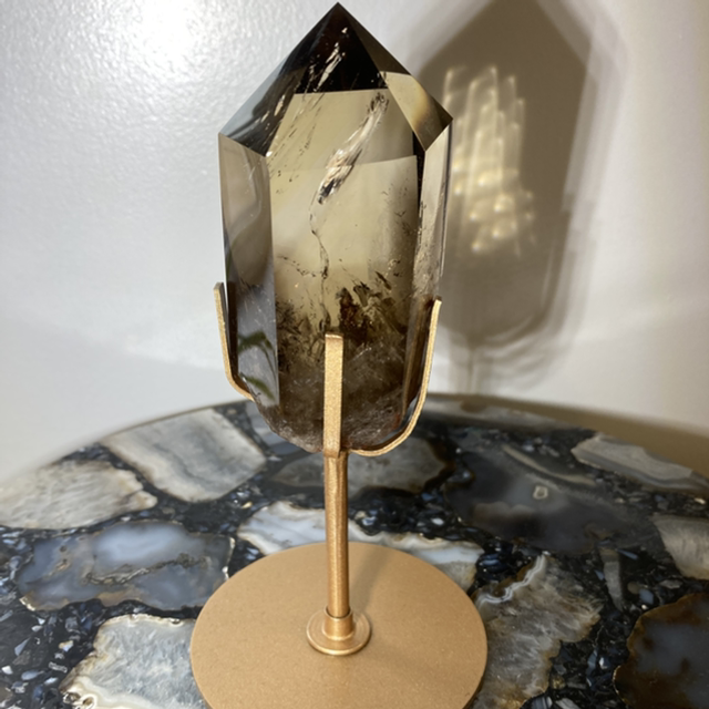 Brazilian Smoky Citrine Polished point + Raw base on stand
