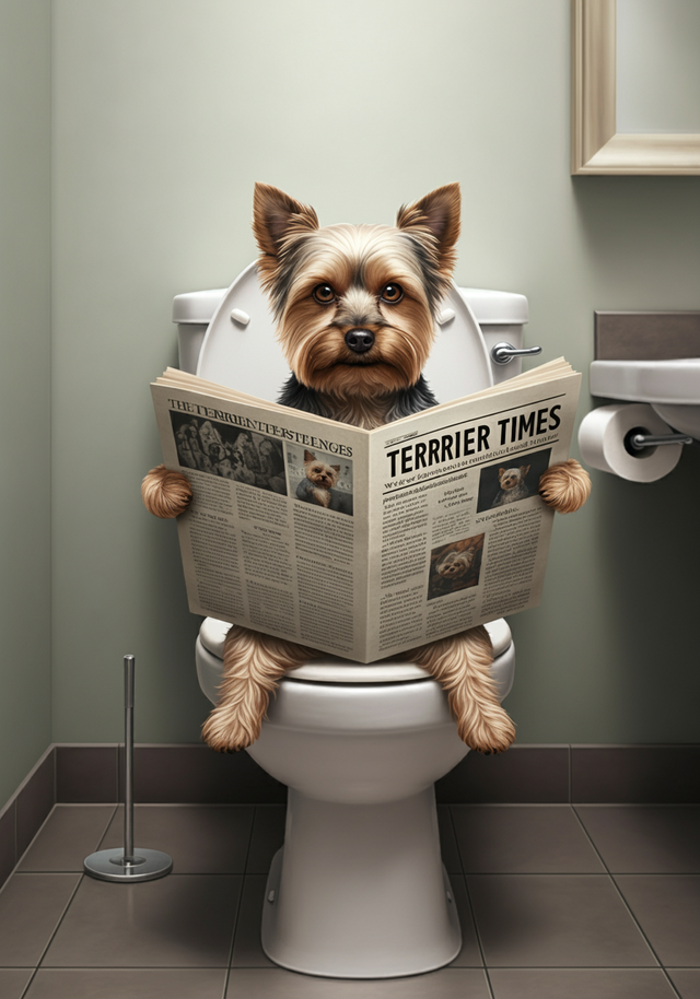 Yorkshire Terrier on the Toilet Framed Canvas