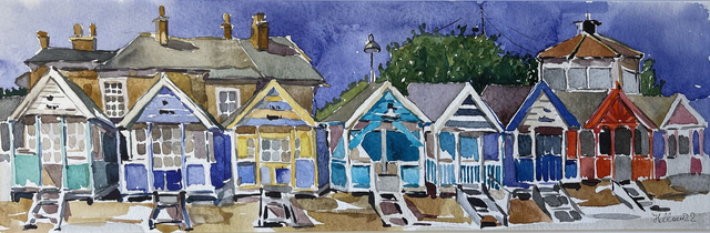 Southwold beach hats under Gunhill. Watercolor in a frame. Original art