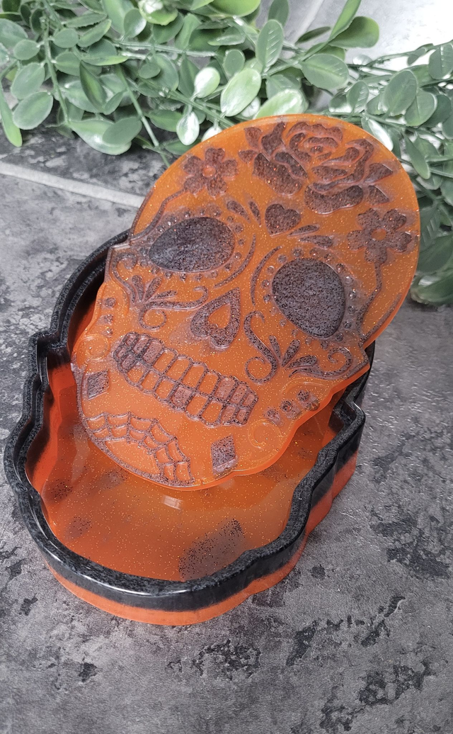 Mexican Death Skull Large Trinket Box Pot - Orange and Black Glitter