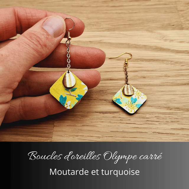 Boucles d'oreilles Olympe carré - Moutarde turquoise