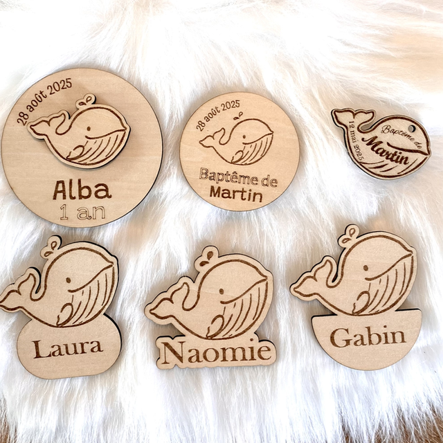 Baptême thème marin baleine - Magnet, marque-place, etiquettes