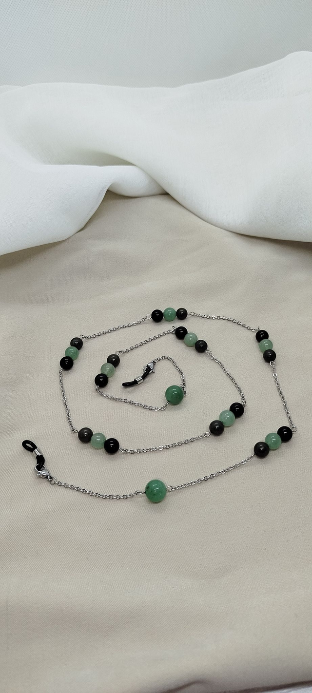 Chaîne de lunettes 80 cm acier inoxydable et pierres naturelles (pyrite, aventurine verte, onyx noir)