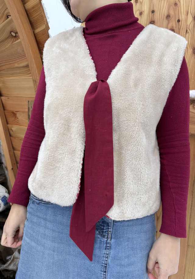 Gilet de berger femme réversible rouge foncé et beige