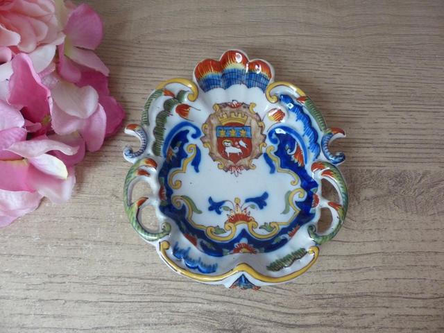 Ancienne Coupelle Céramique Vieux Rouen – Vide-Poche ou Cendrier Blason Ville de Rouen, Motif Floral Peint Main, Déco Entrée Salle de Bain