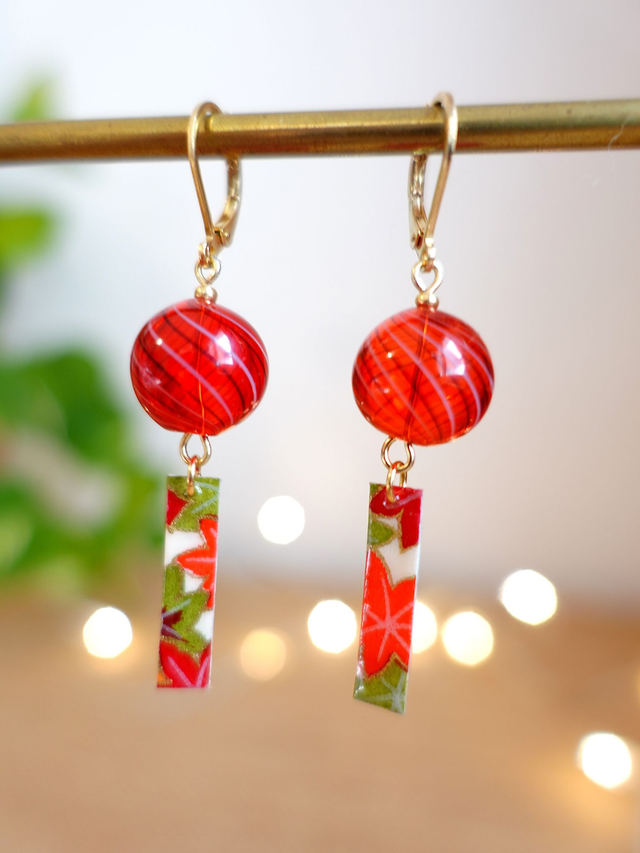 Carillon japonais / Clochette à vent / Fūrin / INOX doré / Boucles d'oreilles papier japonais WASHI / Bijou japonais / Rouge, Or /