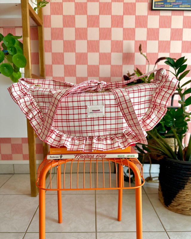 SAC CROISSANT Taille moyenne et large - Carreaux Blanc et Rouge - Fait main à Reims (France)