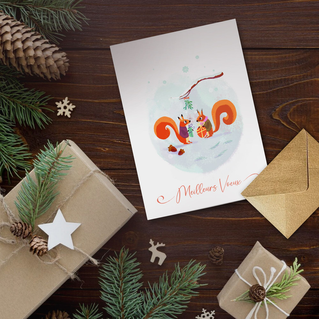 Carte de Voeux "Petits Ecureuils " avec enveloppe dorée