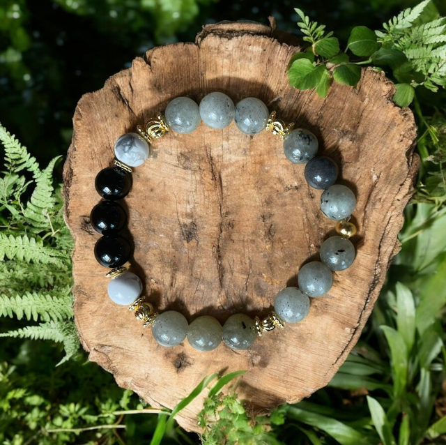 T6 Bracelet lithothérapie «Guardian » Tourmaline, howlite et Labradorite 