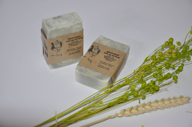 Menthe&Eucalyptus : savon surgras aux argiles blanches et vertes et aux huiles essentielles de menthe poivrée et d'eucalyptus