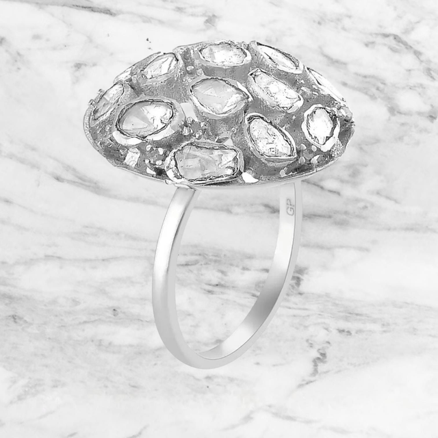 Stunning Natural Polki Diamond & Platinum Filled Ring