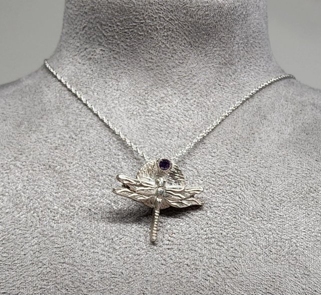 Dragonfly fine silver pendant with amethyst cubic zirconia