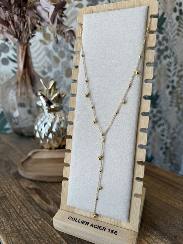 Collier long Y acier inoxydable - Perles rondes