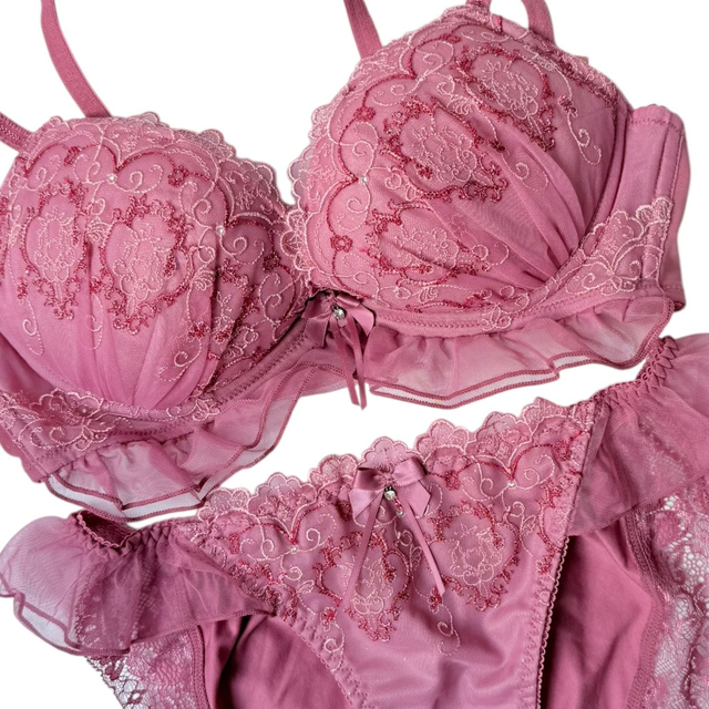 Pink princess Floral Embroidered Japanese Bra + Underwear Set UK 34C   