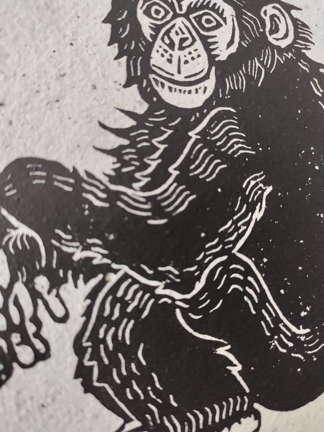 linogravure " JIgg", le chimpanzé 10X15 cm -papier café