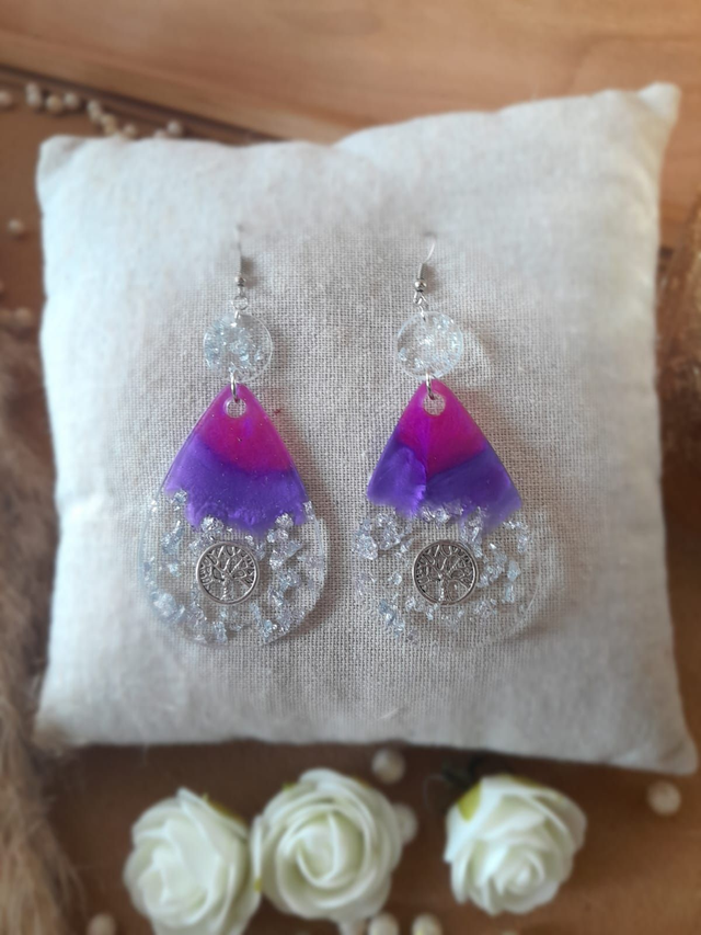 ✨CHLOE ✨Boucles d&#039;oreilles &quot;goutte&quot; en résine avec symbole de l&#039;arbre de vie - Rose violet argenté
