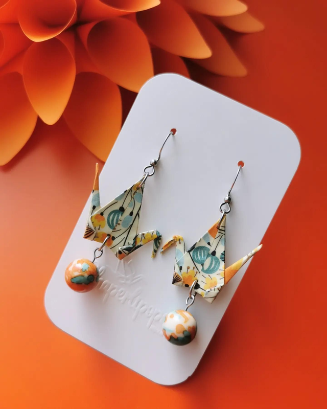 Boucles d&#039;oreilles Grues - Orange et bleu
