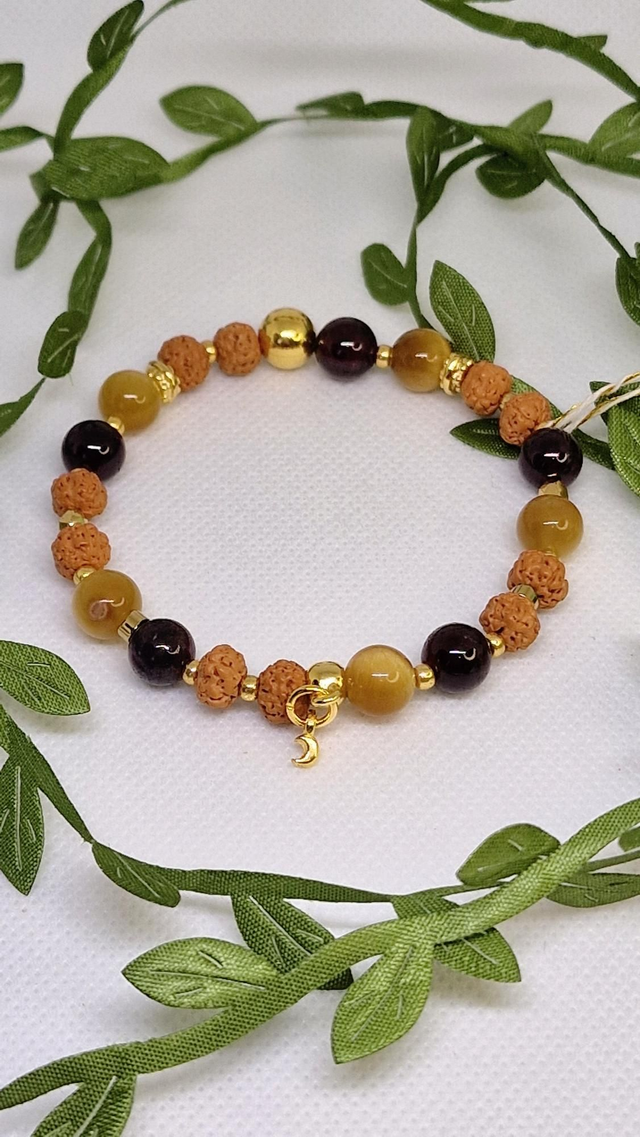 Bracelet Grenat, Œil de tigre doré et Œil de Rudra 