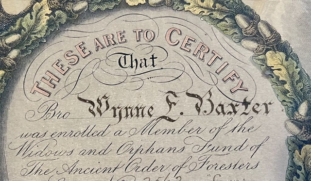 Unique certificate awarded to Wynne Baxter by the Ancient Order of Foresters in 1876