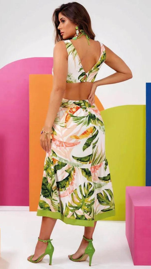 Vestido Midi com Detalhe de Argola Estampado | Moda Colmeia