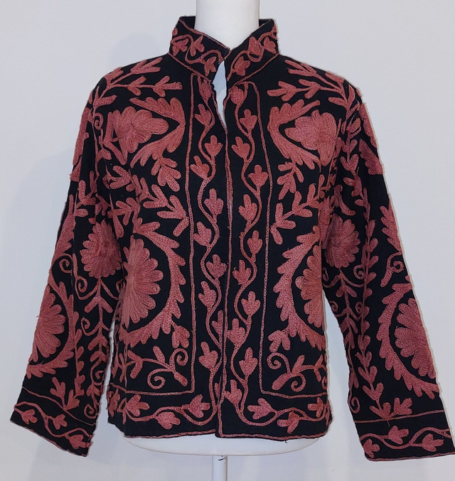 Veste reversible en coton noir brodé Suzani - Confectionnée à la main - Doublure noire