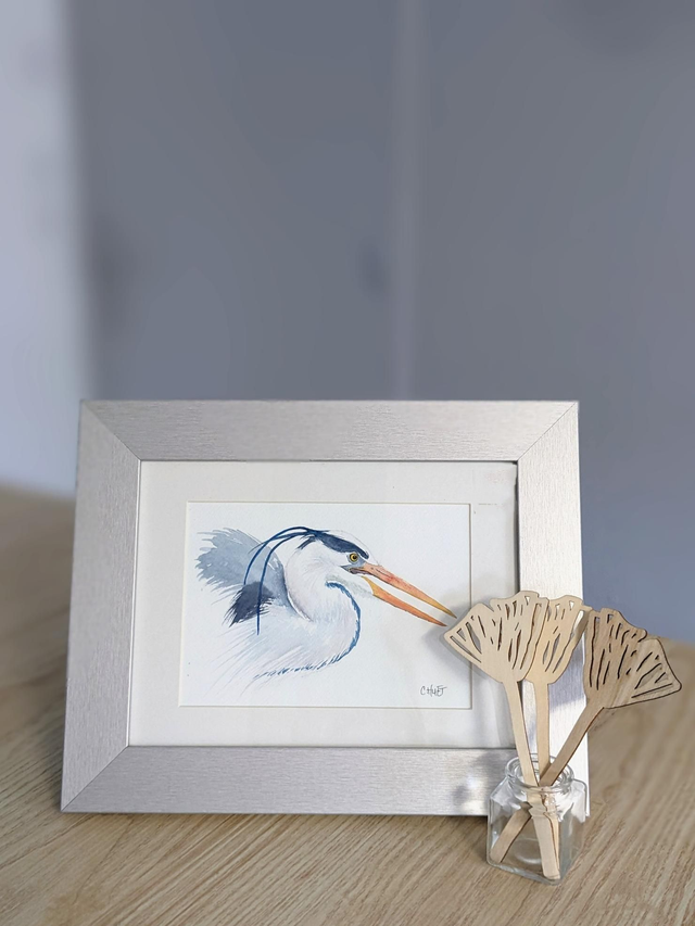 Tableau original à l'aquarelle héron cendré, 15*19 environ