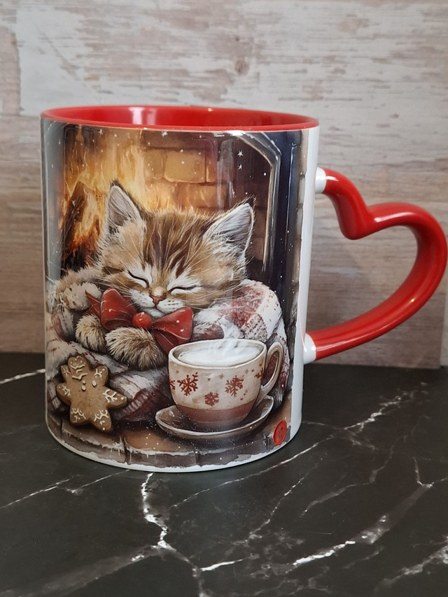 Mug coeur rouge chaton de Noël