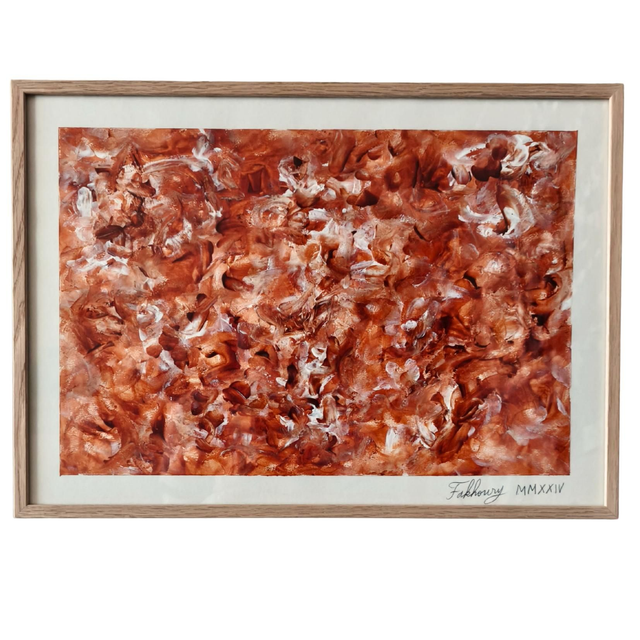 Sanguine par Hamid Fakhoury, acrylique sur papier, 31x43.5, encadré chêne, 2025