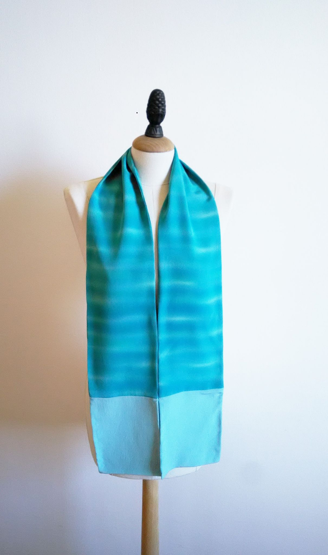 Silk Scarf, Green Blue Color, BOKASHI Gradation Pattern Vintange Japanese Kimono Silk and Italian Silk,Hand Dyed with Indigo Leaf
