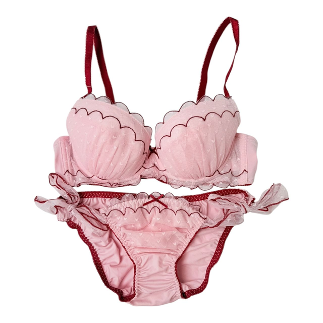 Red and pink hear lace embroidered Japanese Bra + Underwear Set UK 32DD, UK 34B